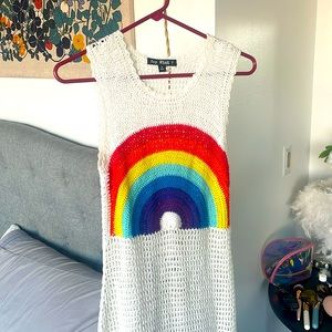 White knit rainbow dress with fringe M NEW!